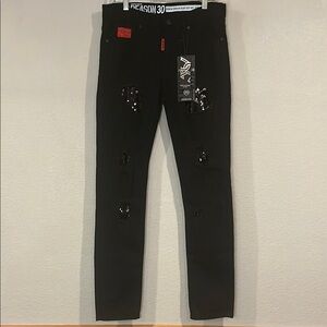 NWT Reason NY slim fit sequin patch black denim jeans 30x32